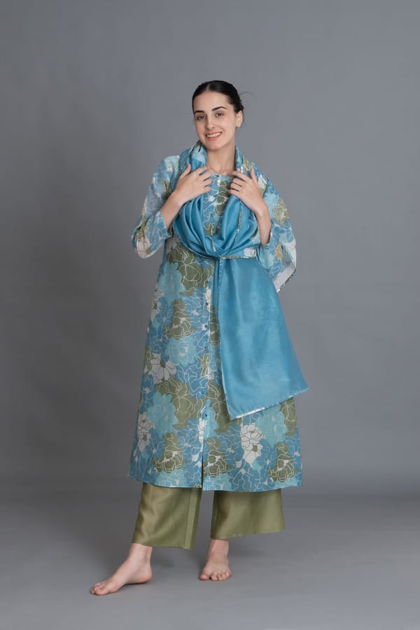 Ocean Blue Floral Print Kurta Co-Ord with scraff — Khat