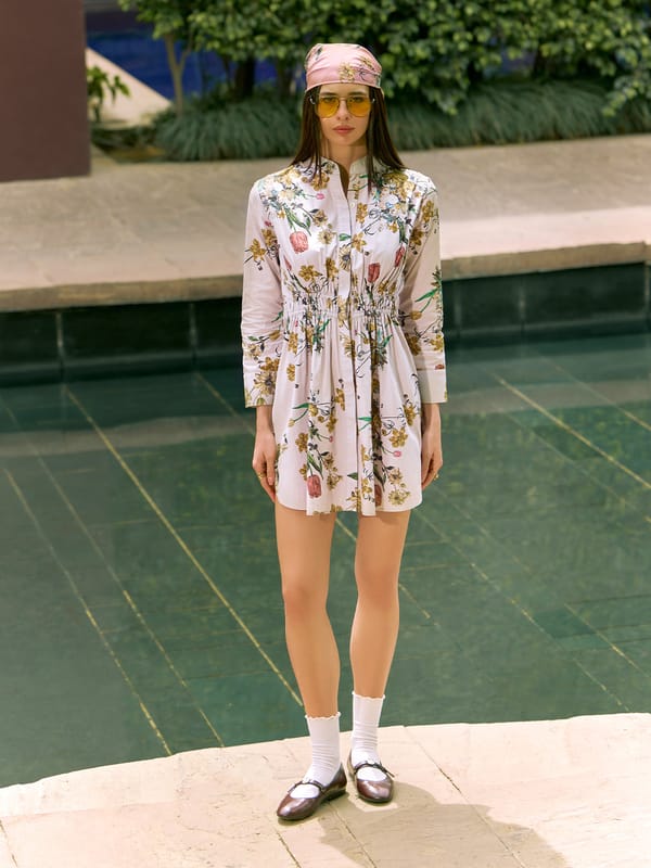 Ivory Floral Mini Shirt Dress with Smocked Waist — HOUSE OF FETT