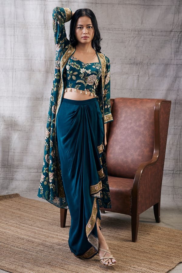 Mehr Printed Green Drape Skirt Set With Jacket — SOUP by Sougat Paul