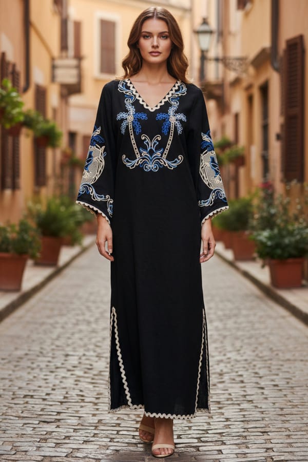 Black Linen Embroidered V-Neck Kaftan — BOHO-CHIC