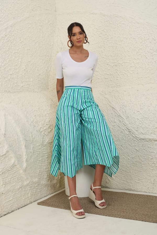 Multicolor Striped High-Waist Wide-Leg Cotton Trousers — Rhe-Ana