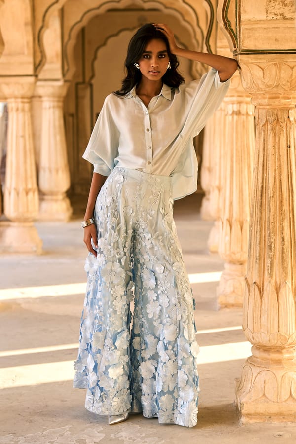 Powder Blue 3D Floral Lace Flared Trousers — Dash and Dot
