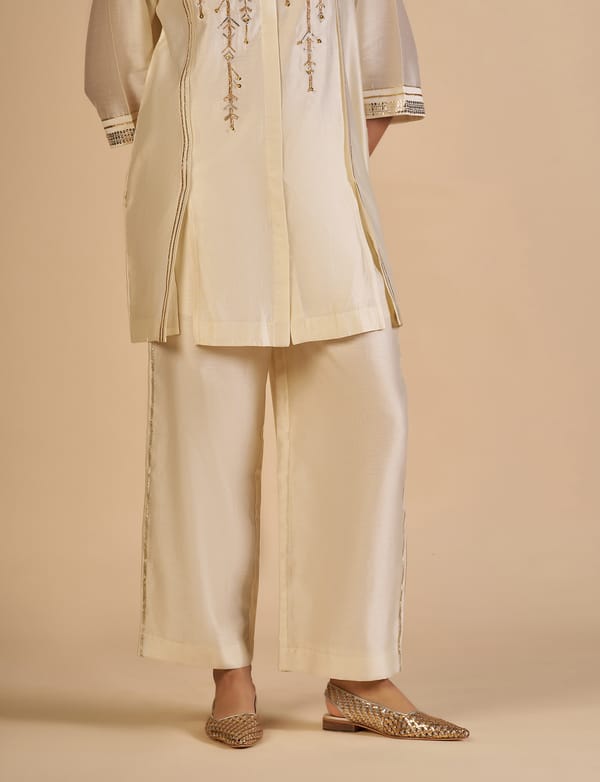 Off White Chanderi Wide-Leg Festive Trousers — Gulabo by Abu Sandeep