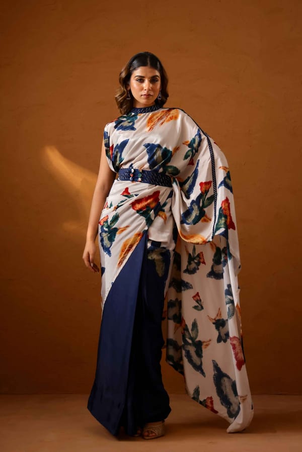 Multicolor Abstract Printed Draped Saree Set with Belt — STUDIO SURBHI