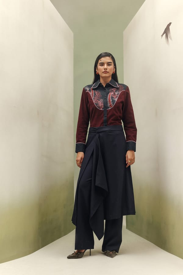 Maroon Corduroy Colorblocked Printed Button-Down Shirt — SHOP NOIB