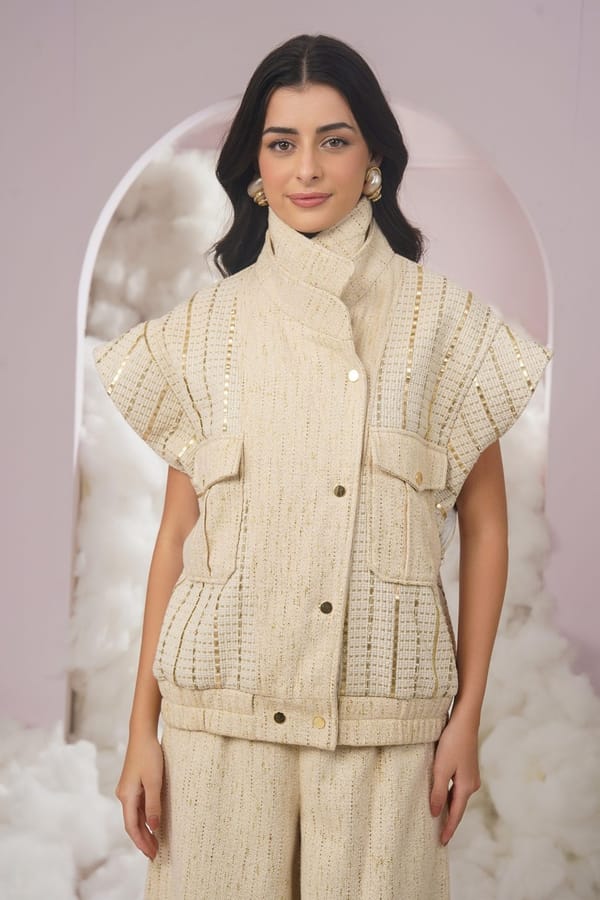 Beige Oversized Textured High-Neck Jacket — Chöjé