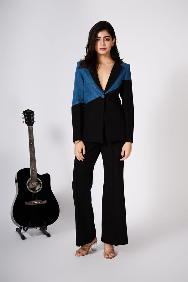 Denim And Black Colour Block Blazer Set — Weaving Cult
