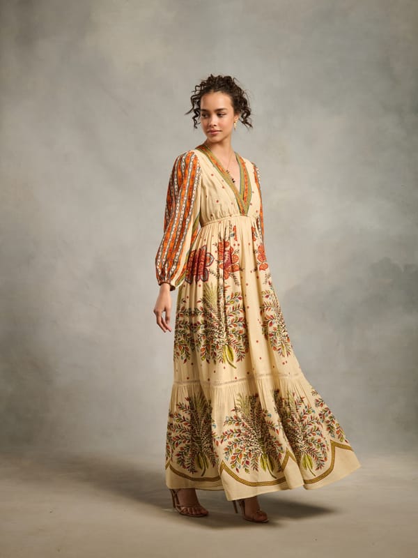 Beige Floral Printed Tiered Maxi Dress — Style Island