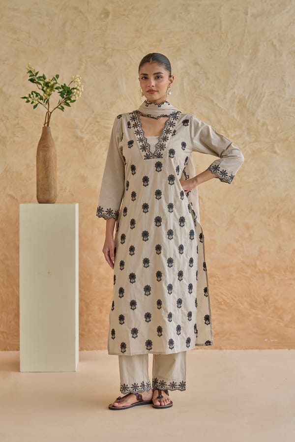 Mushroom Grey and Black Printed Cotton Kurta Set — CHHIPA JAIPUR