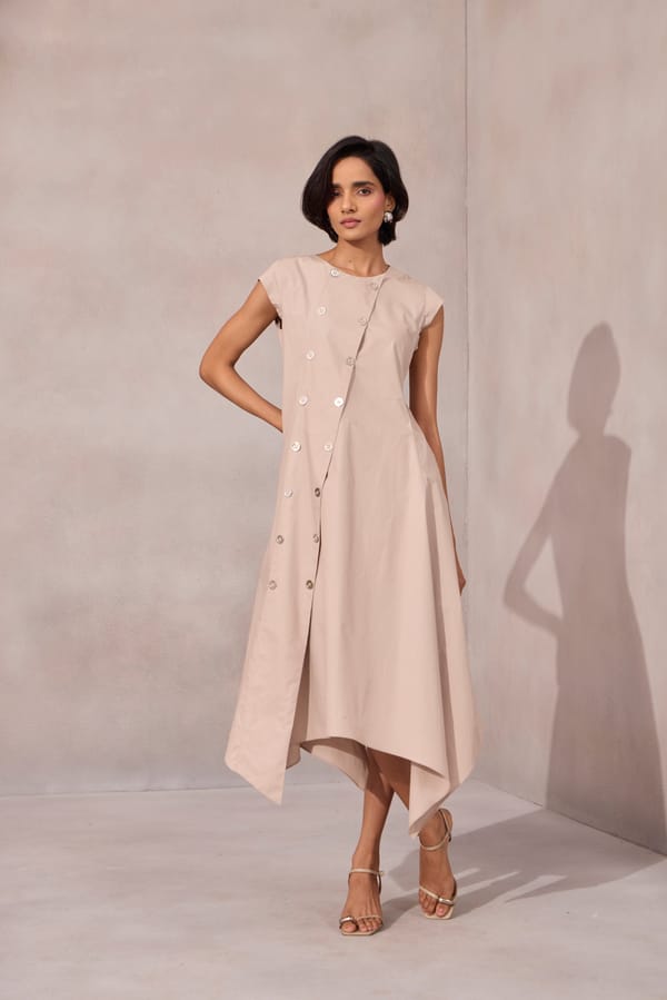 Ginger Beige A-Line Midi Dress with Asymmetrical Hem — 63East