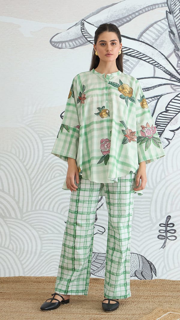Green Checked Floral Kimono Tunic and Pants Co-ord Set — SHIVANI BHARGAVA