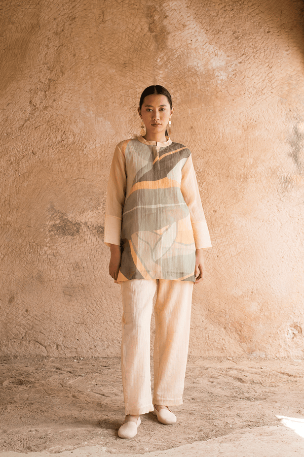 Three Piece Co-Ord Set Comprises Of A Collared Shirt Pattern With Long Cuff Sleeves Grey Green — CLOS
