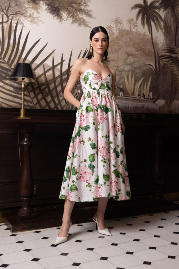 Ivory/Pink Floral Sweetheart Strapless Midi Dress — Sage by Mala