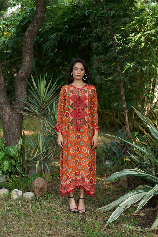 Rust Printed A-Line Kaftan with Tassel Details — Chakkraa
