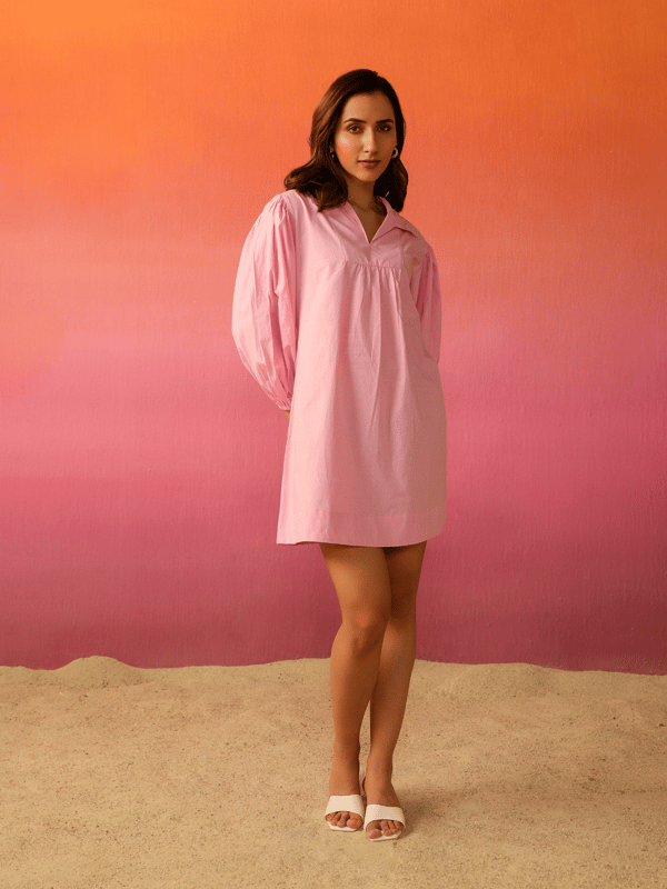 Candy Pink Cotton Poplin Balloon Sleeve Mini Dress — Cosset Clothing
