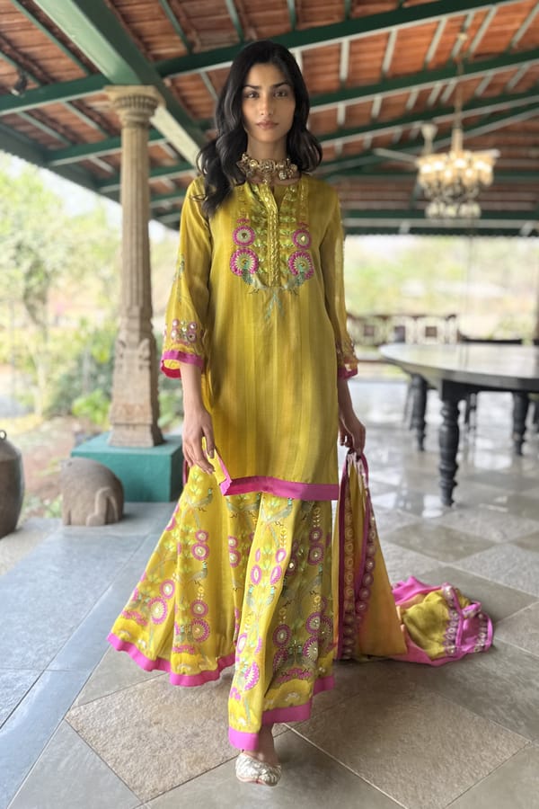 Pgreen Embroidered Kurta Sharara Set with Organza Dupatta — Basil Leaf