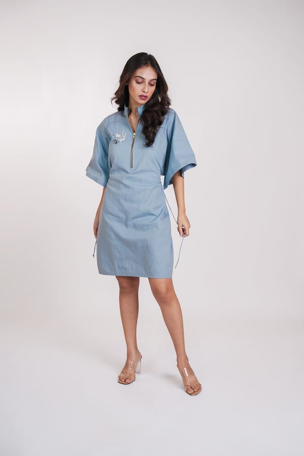 Blue Zip-Neck Mini Dress with Open Back and 3D Floral — 9899