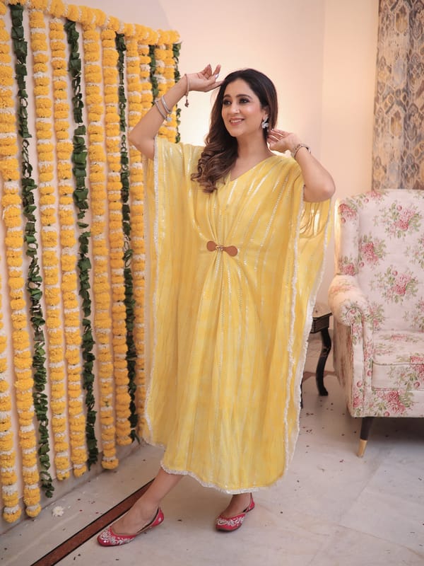 Yellow Metallic Striped Kaftan with Buckle Detail — Younglings