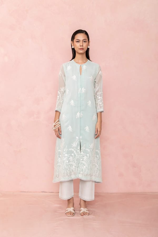 Blue Organza Embroidered Long Kurta Set with Pants — LABEL NAARITI