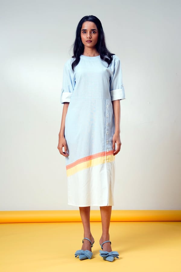 Ice Blue Colorblocked Cotton Midi Shift Dress — Madder Much