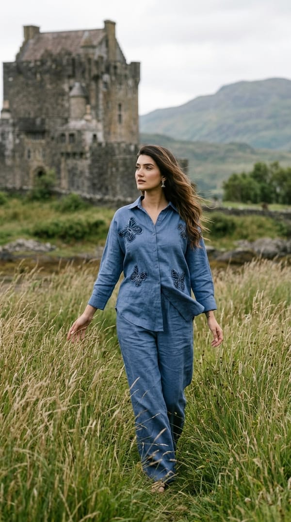 Mid Blue Butterfly Emb Bigshirt — Linen Bloom