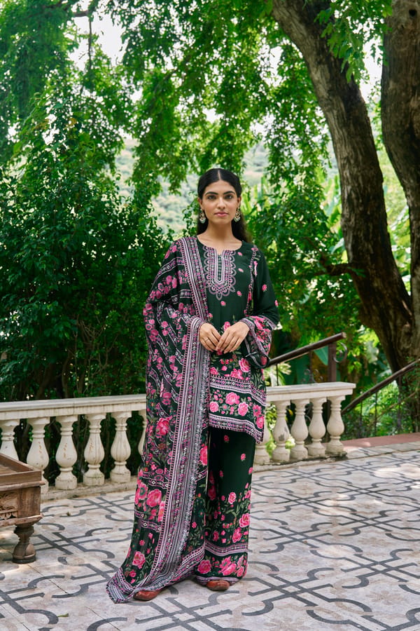 Green Floral Printed Kurta Set with Palazzo and Dupatta — NARAYANI VASTRA