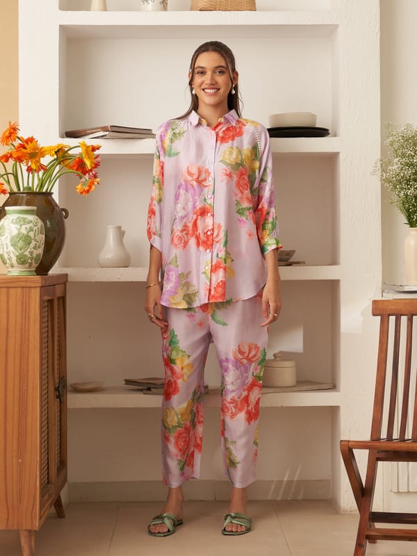 Lavender Floral Printed Shirt and Pants Co-ord Set — House of Soi