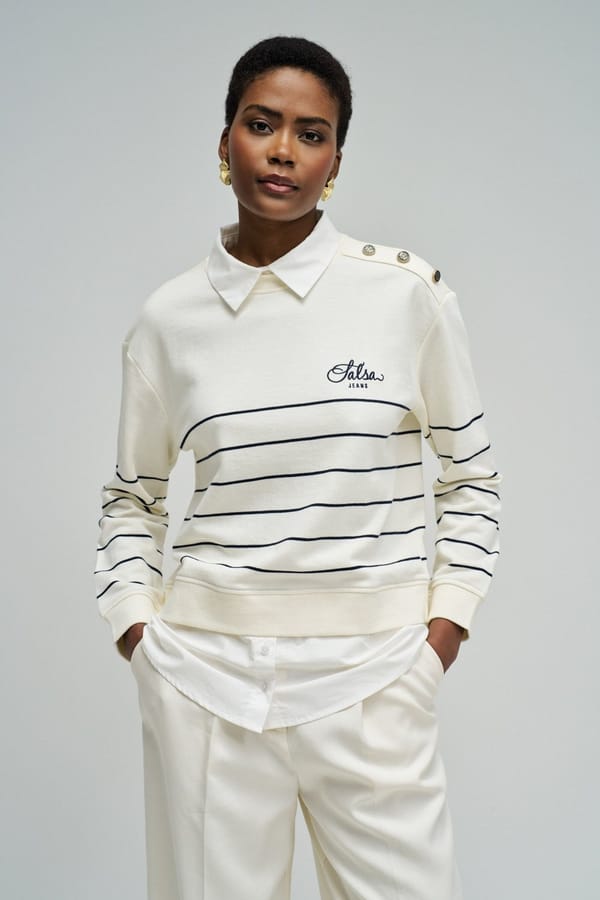 Light Beige Striped Crew Neck Sweatshirt — SALSA JEANS