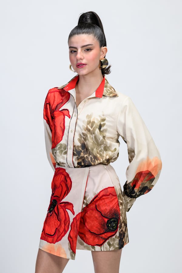 Off-White Wrap Mini Skirt with Red Poppy Embellishment — The Dramebaaz Company