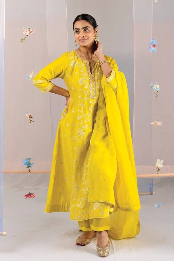 Kyra Three Kali Chanderi Suit Set — Kyra