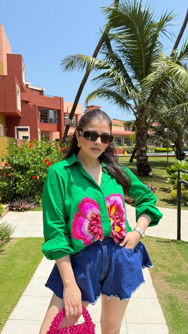 Emerald Green Floral Embroidered Giza Cotton Shirt — Puja Agarwal
