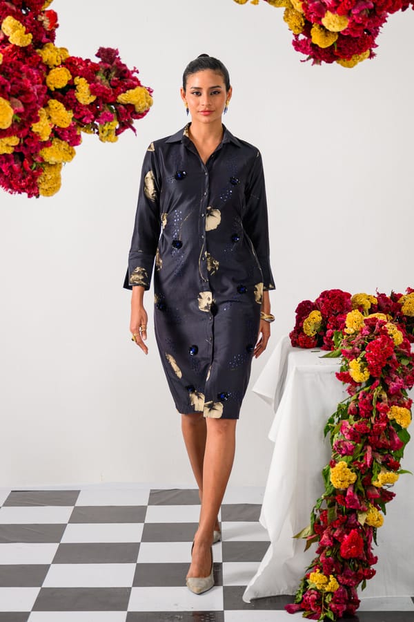 Black Floral Print Embellished Shirt Midi Dress — The Dramebaaz Company