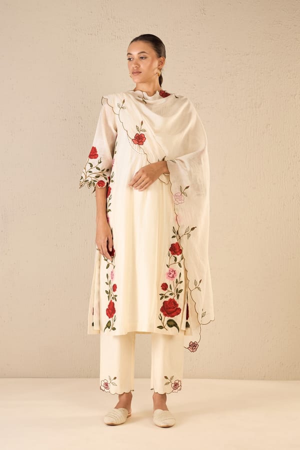 Petal Path: Ivory Chaneri Rose Embriodery Scalloped Dupatta — SHIVANI BHARGAVA