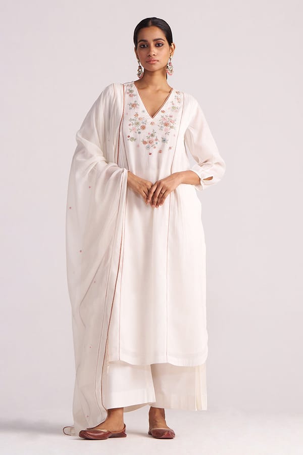Ivory Embroidered Straight Kurta Set with Dupatta — Ganga Fashions Pvt Ltd
