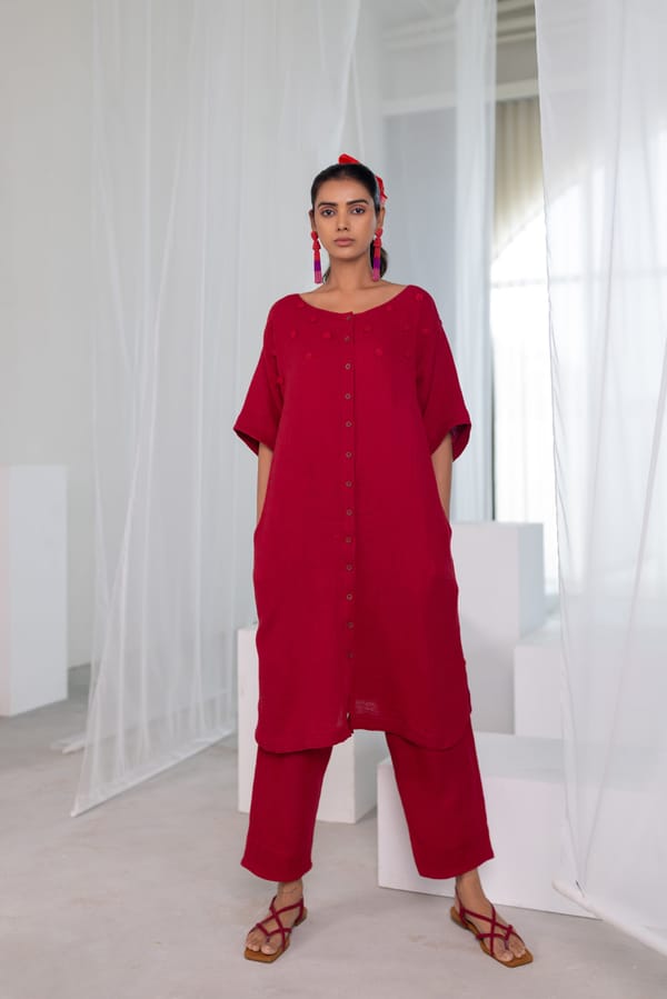 Maroon Button-Down Straight Kurta Set with Crochet Detail — Silai studio