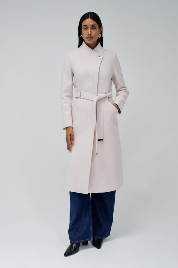 Light Pearl Longline Wool-Blend Belted Coat — SALSA JEANS