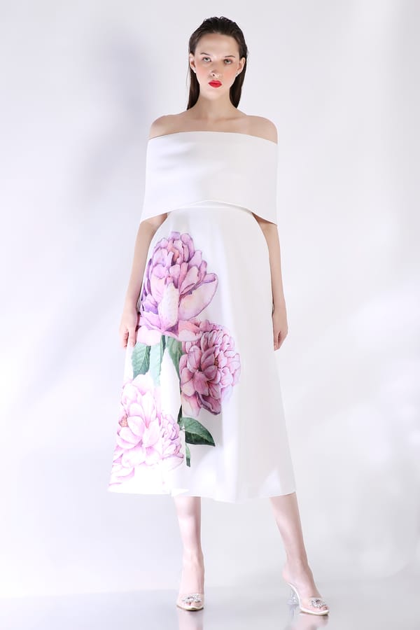 Off-Shoulder Off-White Floral Print Midi Dress — OZEQO