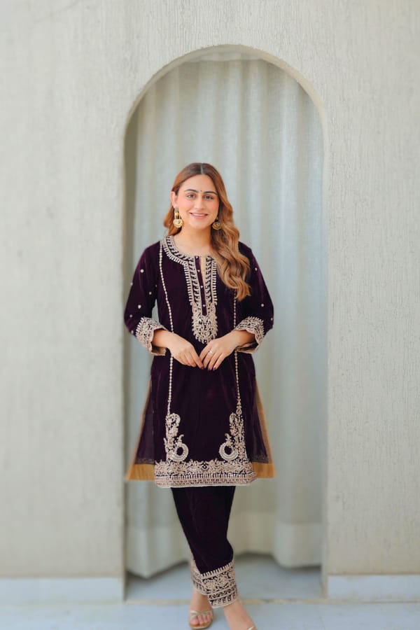 Wine Silk Velvet Embroidered Straight Kurta Set with Salwar — Sheetal Batra
