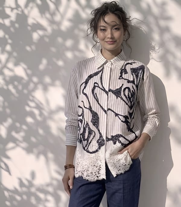 White Pinstripe Embroidered Shirt with Lace Hem — KIHIKI