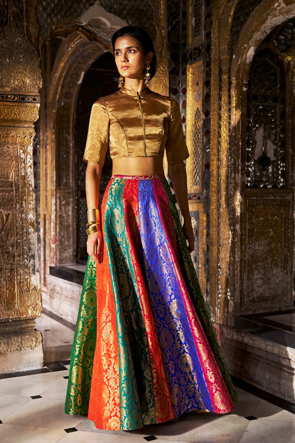 Multicolour Brocade Panelled Flared Maxi Skirt — Dash and Dot