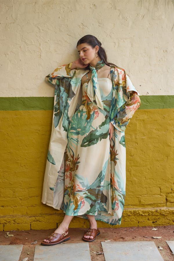 Multicolor Tropical Print Maxi Dress Set With Kaftan Jacket — HAPPI SPACE