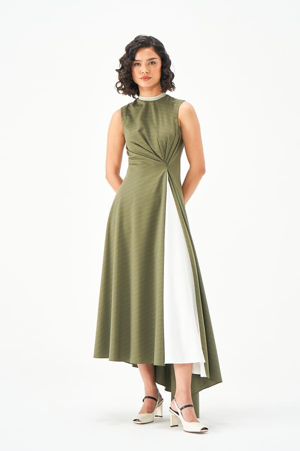 Light Green/White High-Neck Asymmetrical Maxi Dress — NOTEBOOK