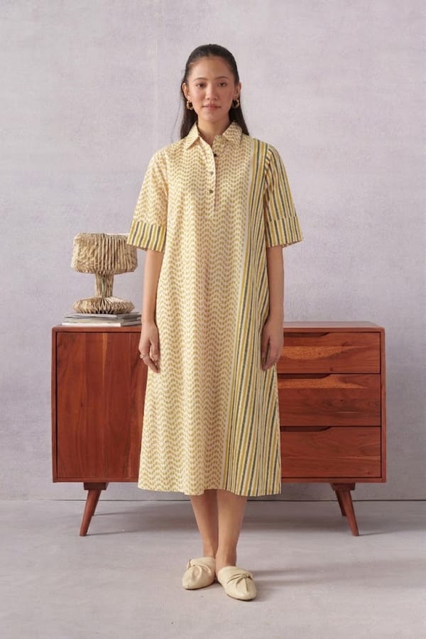 Raavi Ochre Striped Midi Dress — Shop Roho