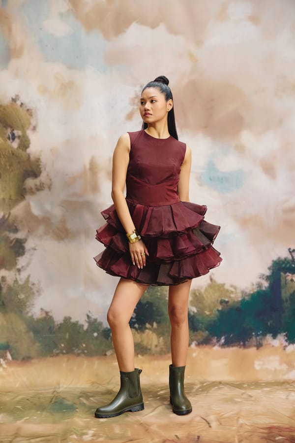 Burgundy Organza Tiered Ruffle Mini Dress — Zip by Payal Zinal