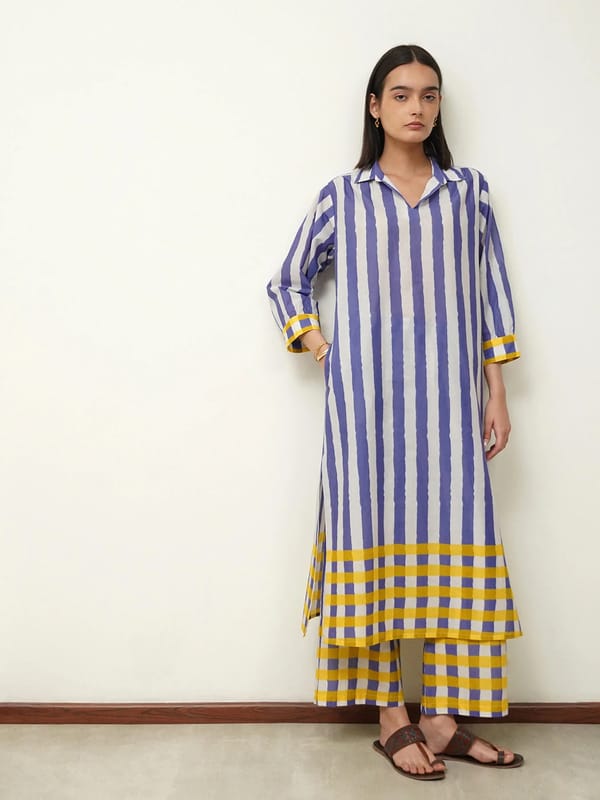 Cotton Stripe Play Shirt Collar Kurta — Pink Fort