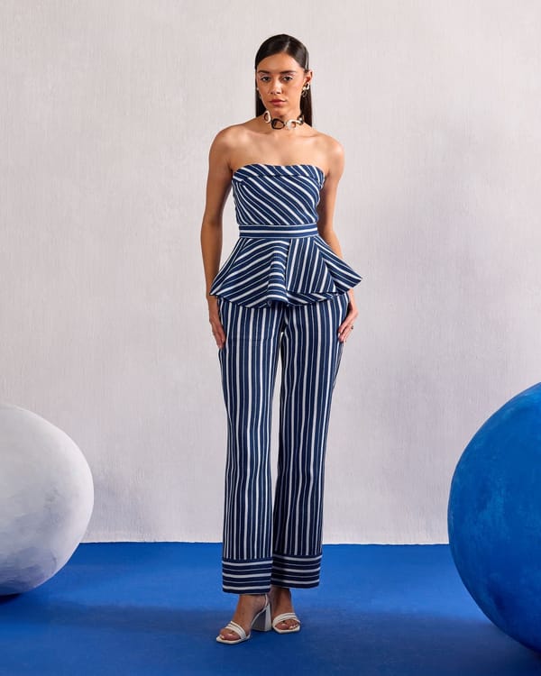 Blue/White Striped Bandeau Peplum Top and Pant Set — ZAZU