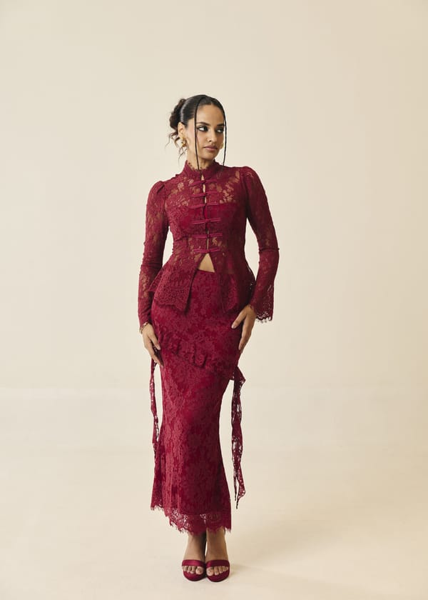 Santorini Burgundy Lace Peplum Skirt Set — Lea Clothing