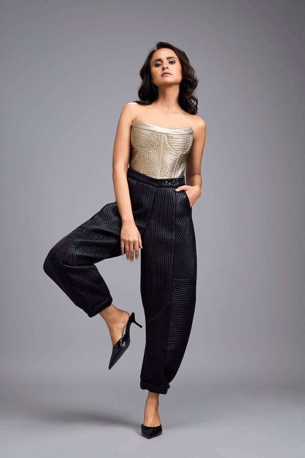 Black High-Rise Quilted Tapered Trousers — Deepika Arora