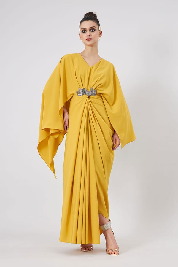 Yellow Draped Maxi Gown with Cape Sleeves — Aakaar