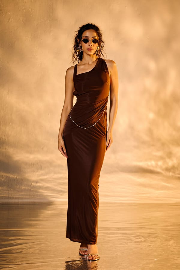 Brown One-Shoulder Draped Maxi Dress with Open Back — Lea Clothing
